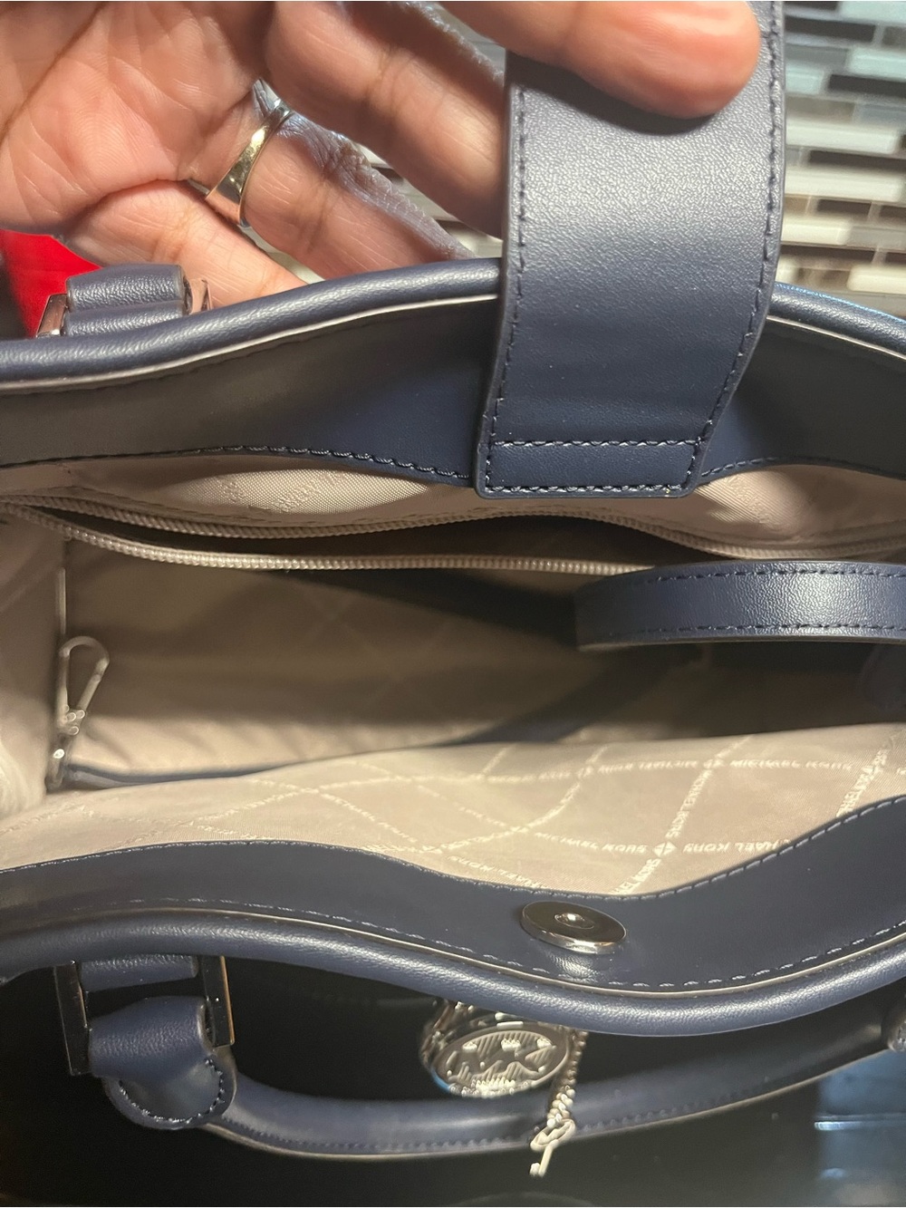 EUC Michael Kors Hamilton Denim-Textured Navy Satchel with Shoulder Strap - Picture 6 of 14